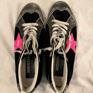 Women’s Golden Goose-Midstar Size 38 - cracked black suede with hot pink star.